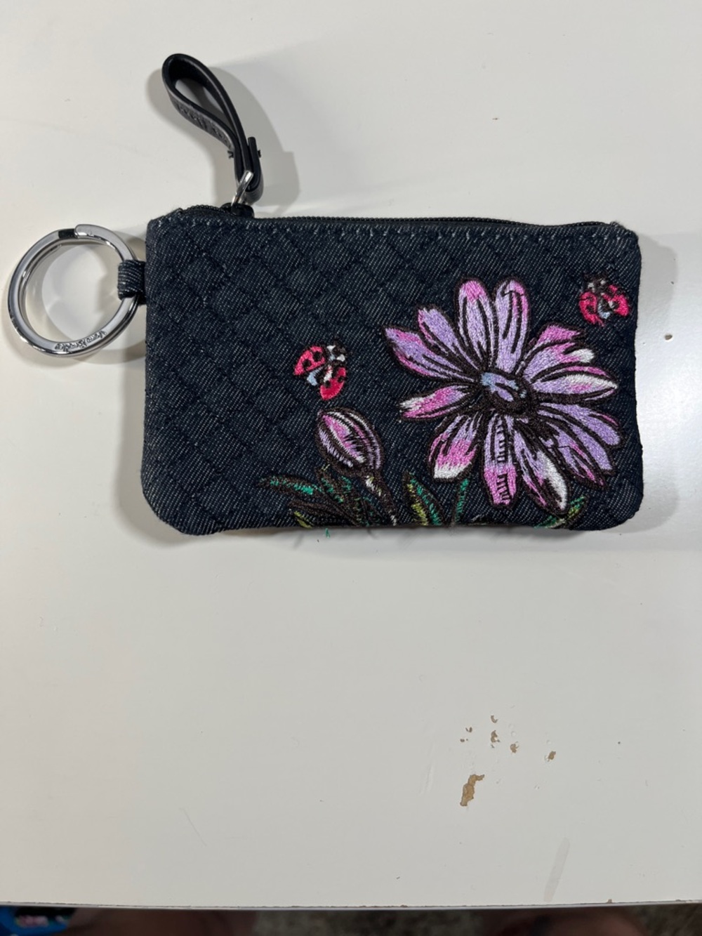 Floral Embroidered Key Pouch, Dark Blue, Pink Flower an Ladybugs by Vera Bradly